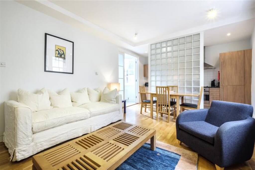 Bright, living room with comfortable seating