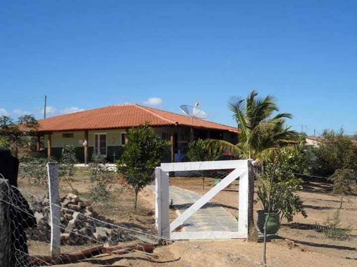 A single-story house is framed by a well-maintained garden featuring various trees and shrubs. A white gate marks the entrance, leading to a stone pathway. The house's red-tiled roof and satellite dish are visible against a clear blue sky.