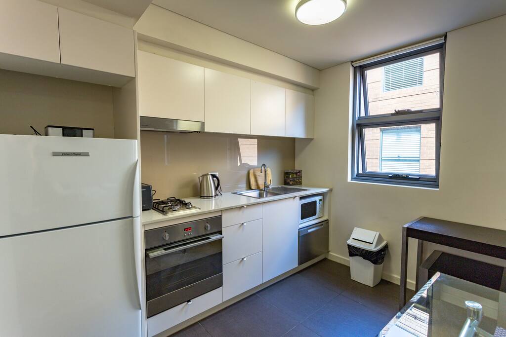 Full equipped kitchen with large fridge