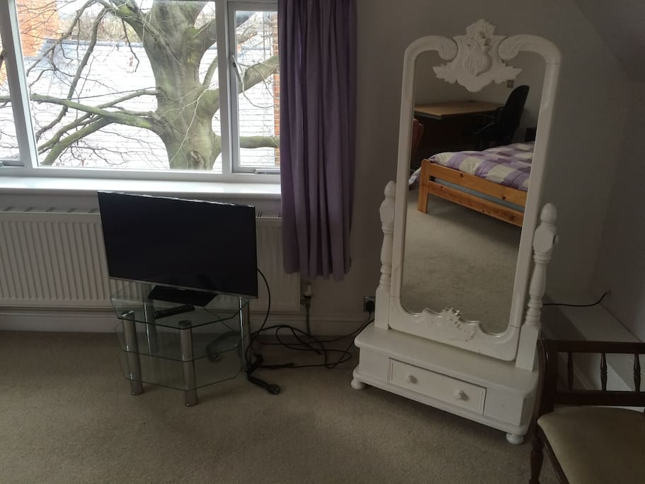 Samsung TV and freestanding mirror