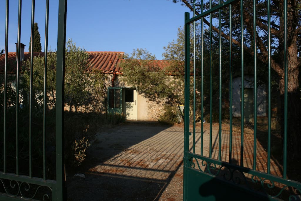 through the front gate into the front garden / parking area.