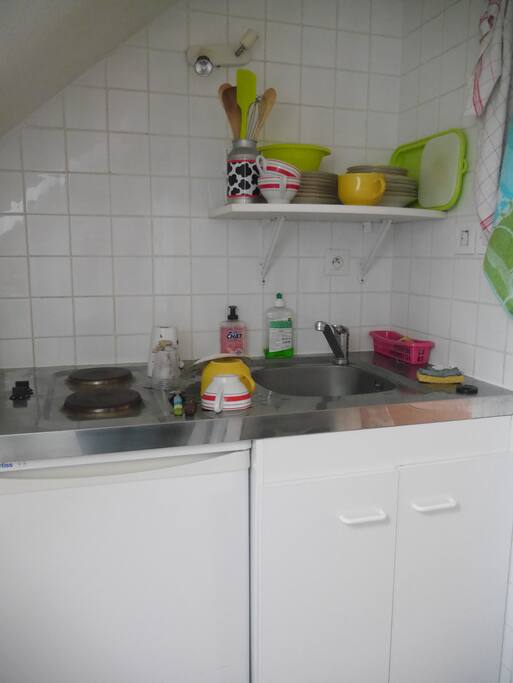 cuisine équipée, vaisselle, frigo, plaques chauffantes, bouilloire et four à disposition.