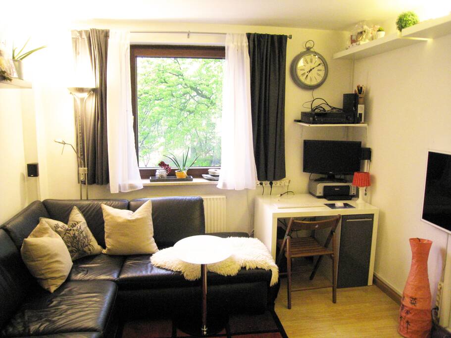 Wohnzimmer mit Ledercouch zum Ausziehen