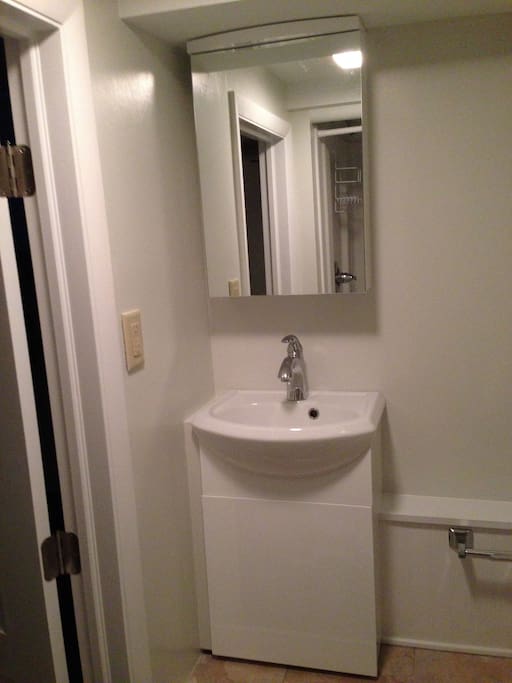 Brand new sink. Mirror and outlet.