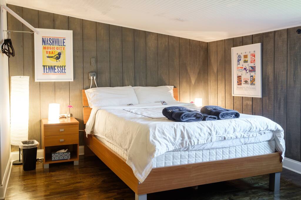Your queen sized bed, with memory foam mattress and fresh white sheets/pillows