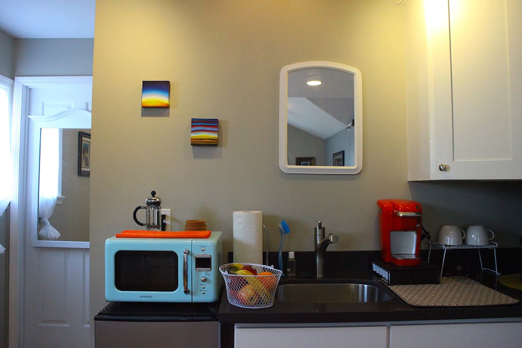 Kitchenette stocked with artisan teas and coffee. Original art will be available for enjoyment and purchase!