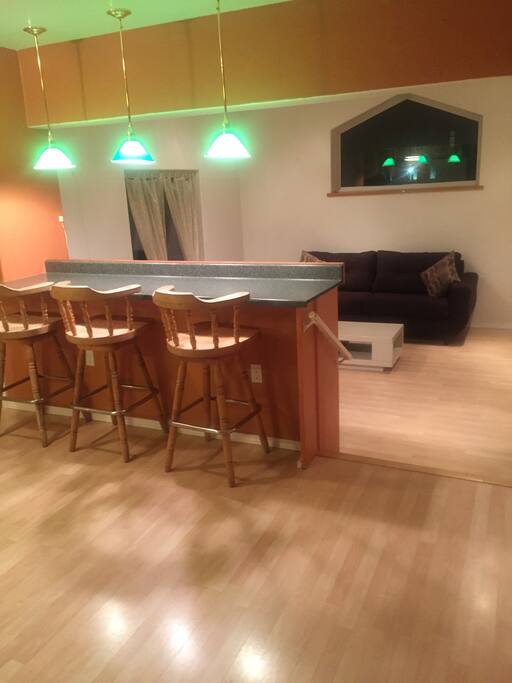 Great eating space for the pancakes and Alaska birch syrup. The built in eating area in the kitchen looks out over the living room to provide a large open gathering area.