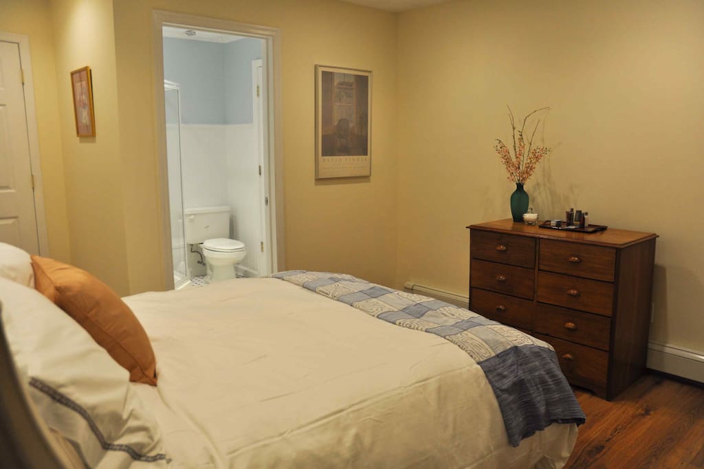 Comfortable queen sized bed in bedroom with chest of drawers, closet and attached bathroom