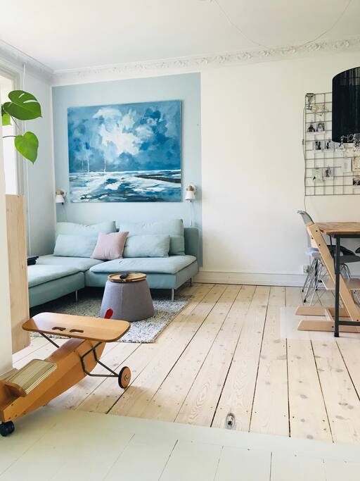 View from the kitchen to the living and dining area