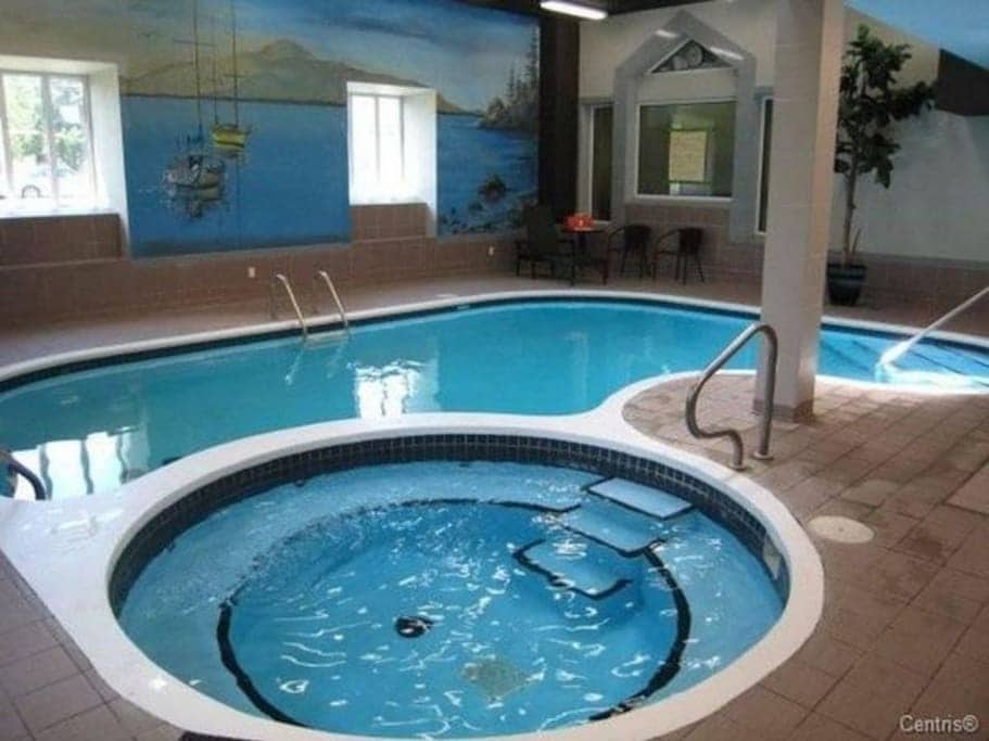 An indoor pool area features a large swimming pool with a connected circular hot tub. Natural light enters through windows adorned with murals depicting a lake scene. Seating arrangements can be seen in the background, creating a serene atmosphere for relaxation.