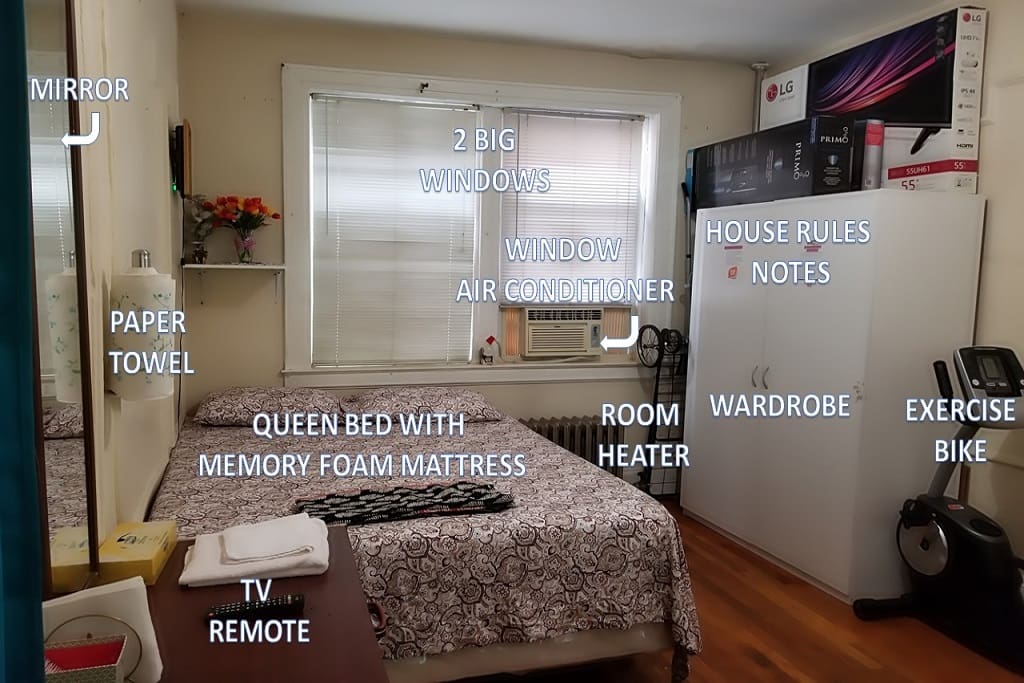 Queen bed, Windows, A/C unit, Heater, Wardrobe etc...