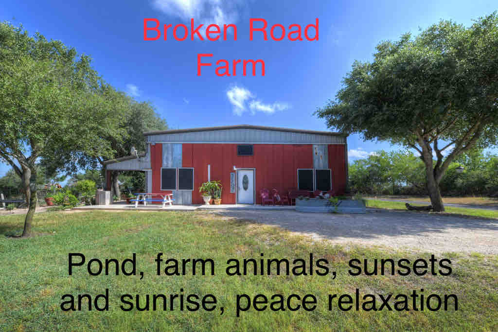 A charming barndominium is set within a grassy area, showcasing a red exterior and large windows. Surrounding trees provide shade, and seating is available on the porch. The property features open space, emphasizing a peaceful rural atmosphere, inviting relaxation and connection with nature.