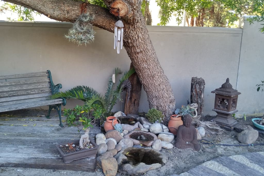 Outdoor rockery and seating area