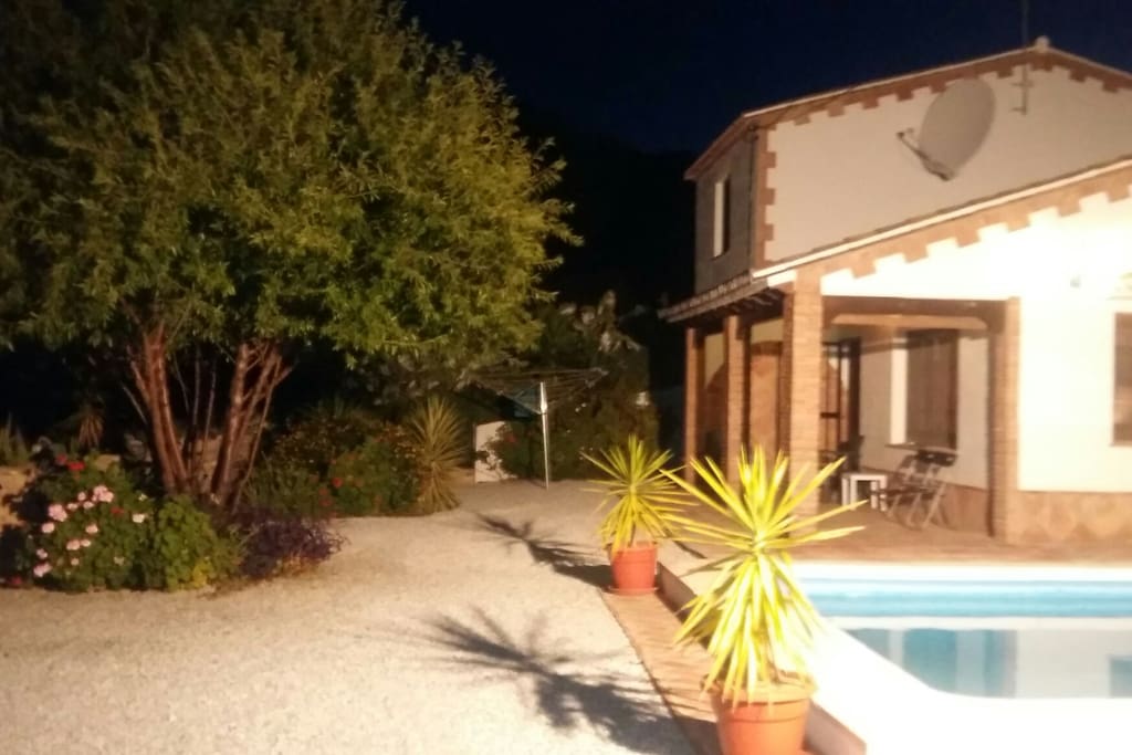 villa and pool at night