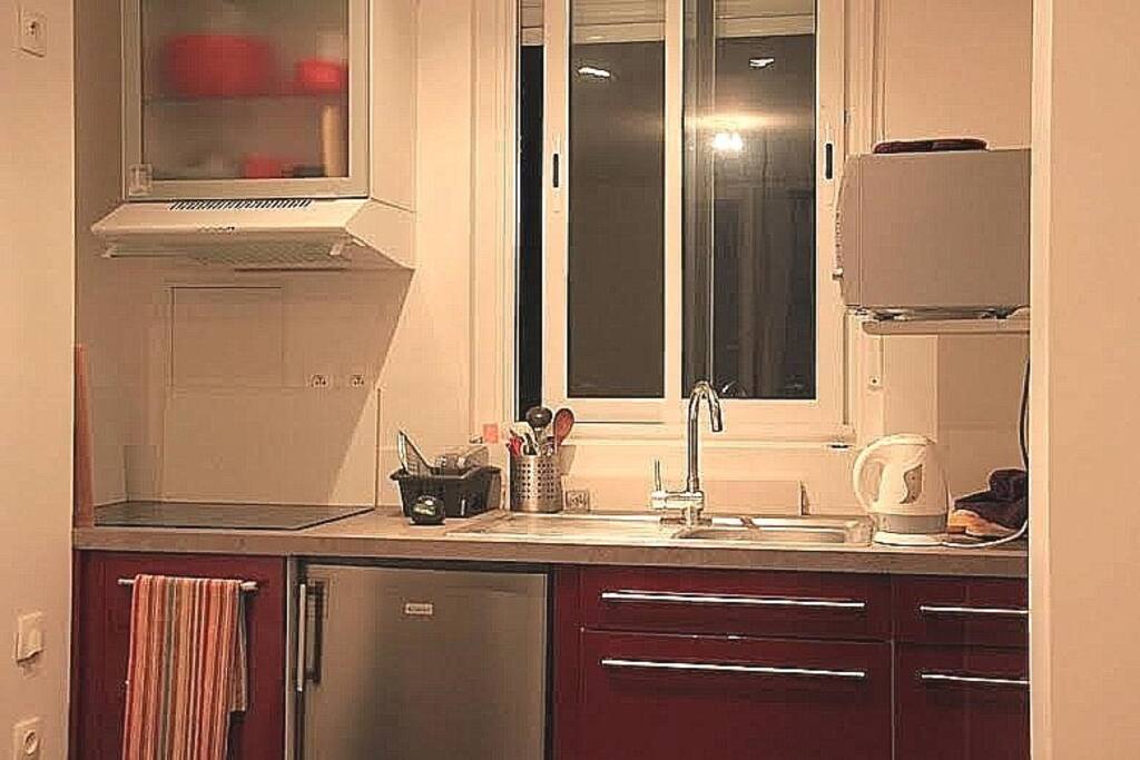 Cuisine intégrée, plaque à induction, hotte aspirante, réfrigérateur, four mixte micro-ondes-grill, évier inox.