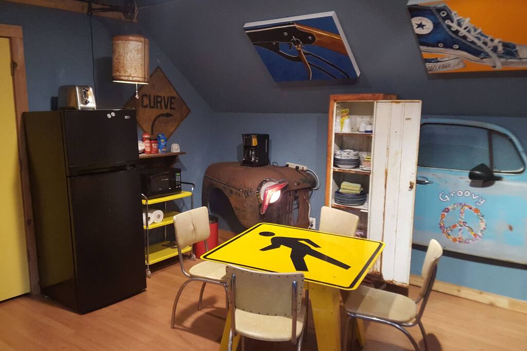 fun eclectic space. all popart on walls are originals