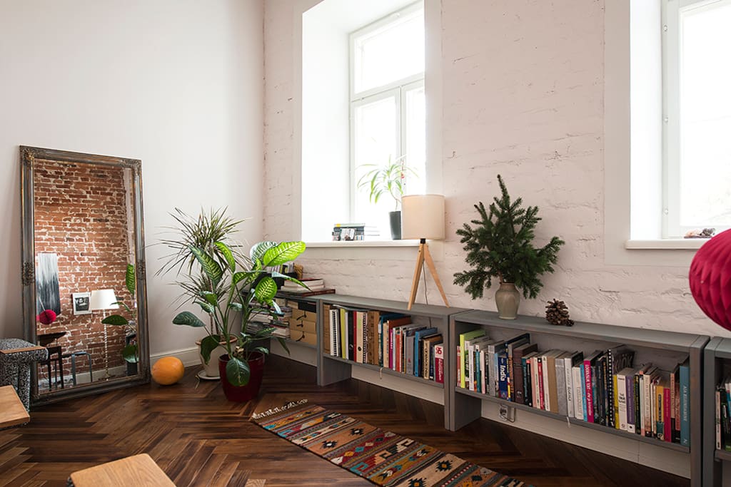 Spacious living room with books