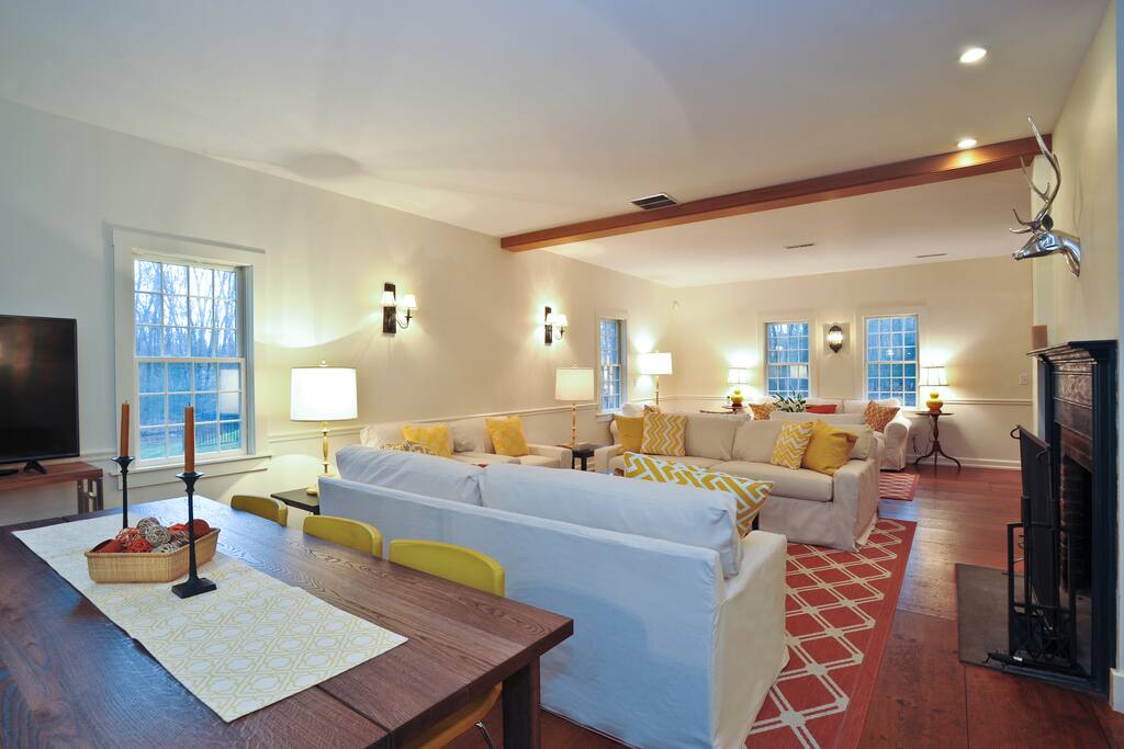 Living Room with Casual Dining and Wood Burning Fireplace
