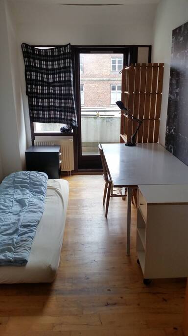 My room:
Futon bed, desk, wardrobe, closet, balcony, chair,