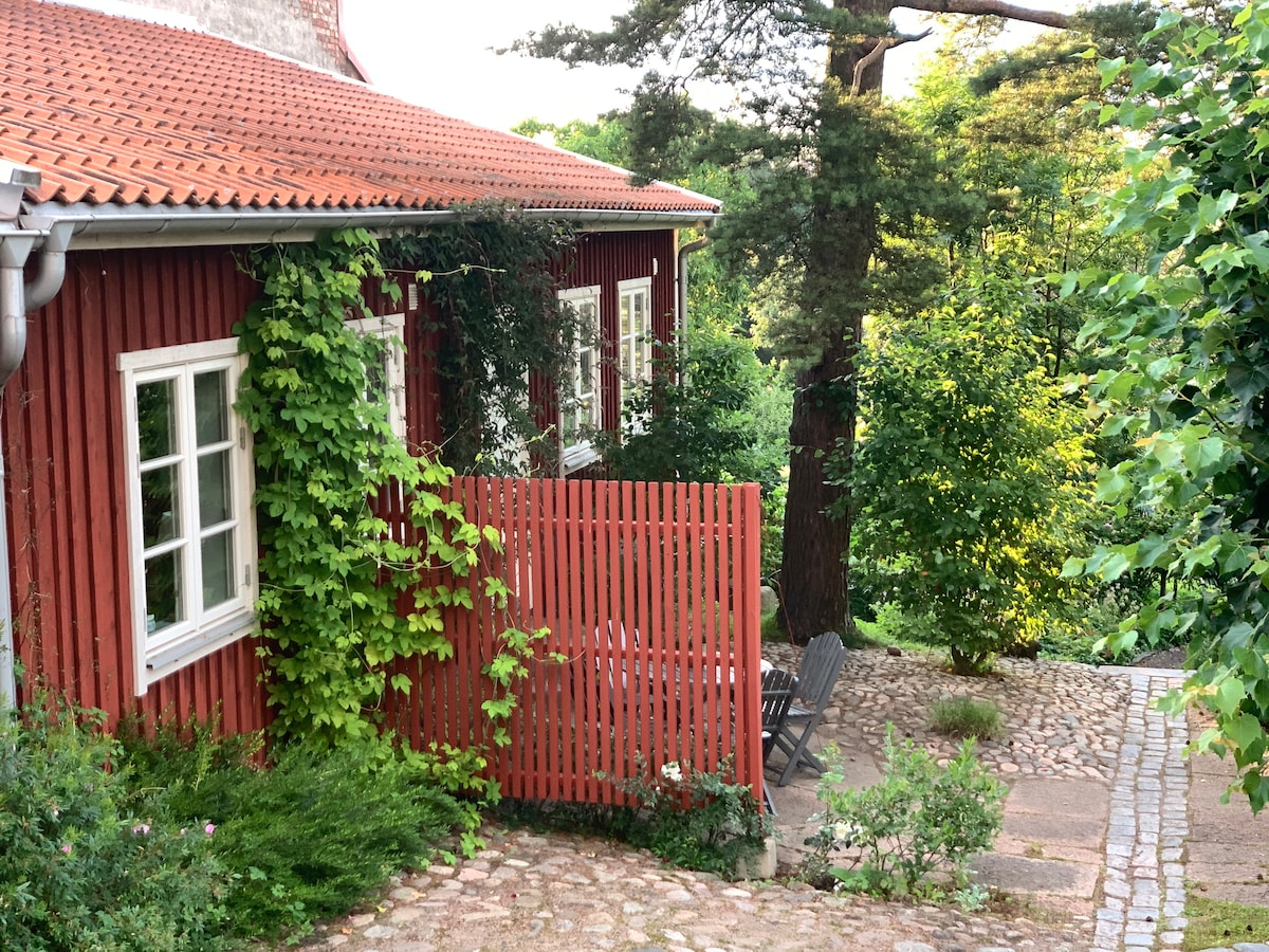 The exterior of a red wooden house is displayed, surrounded by greenery. A pathway made of stones leads to a small patio with wooden chairs and a table. Lush plants climb along the walls, creating a serene outdoor atmosphere.