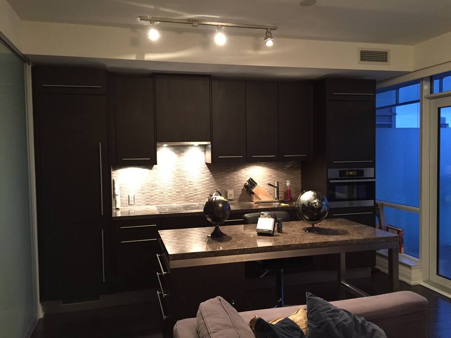 Gourmet kitchen with Miele fridge, freezer, stove, dishwasher, microwave, and oven. Italian cabinets, tile backsplash.