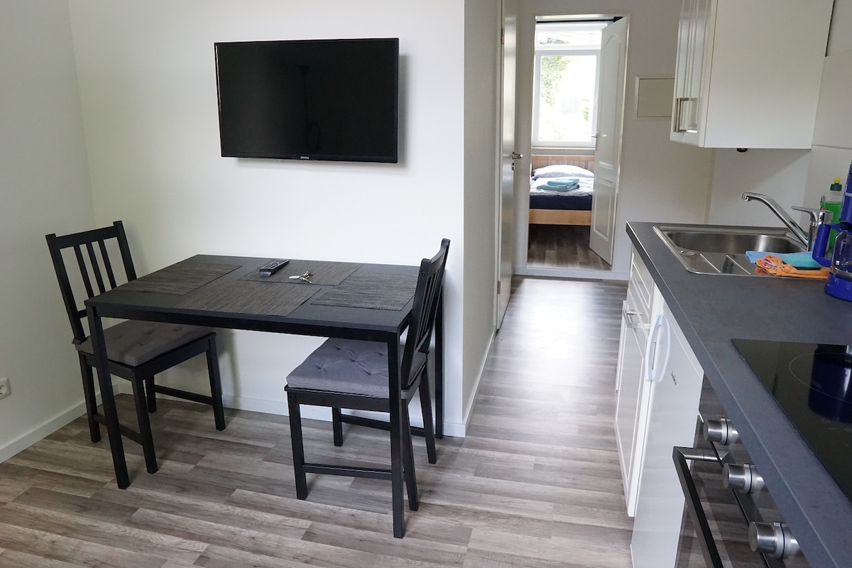 A compact dining area features a black table with two chairs positioned near a wall-mounted television. A doorway leads to a separate sleeping area, while a modern kitchen showcases streamlined white cabinetry and appliances, complemented by light-colored flooring.