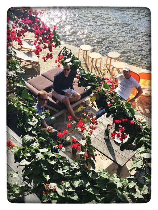 Sunset beverages under the bougainvillea