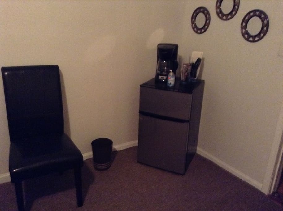 New mini fridge with freezer section & 10 cup coffee maker.