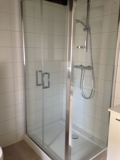 douche spacieuse, 1 wc dans la sdb et un wc séparé en bas.