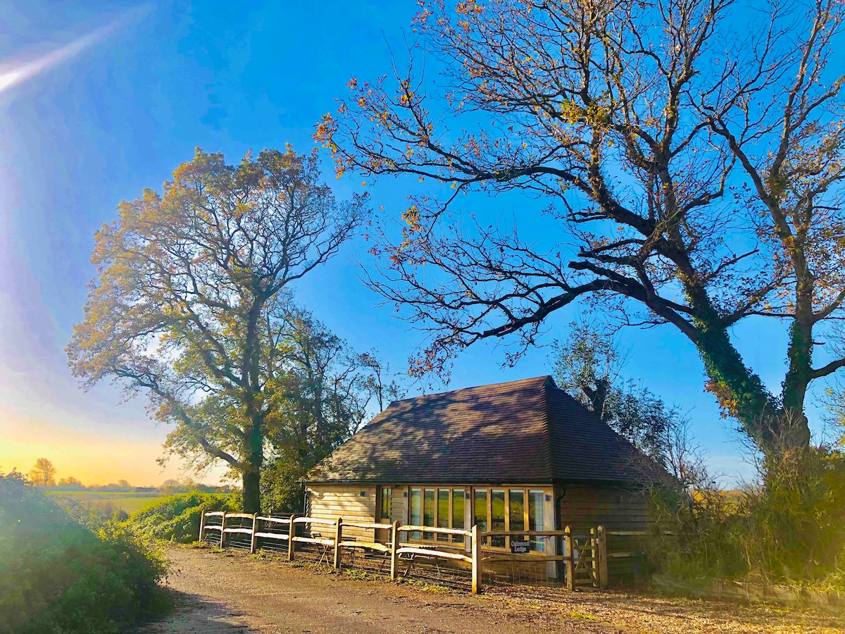 The converted barn is framed by tall trees and features large windows that reflect the clear blue sky. A gravel path leads to the entrance, surrounded by natural greenery, indicating a peaceful and secluded location on a working farm.