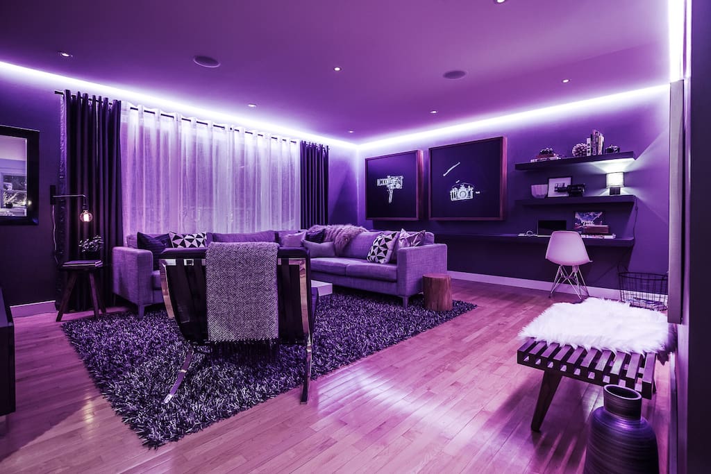 Color changing LED mood lighting in the living room.
