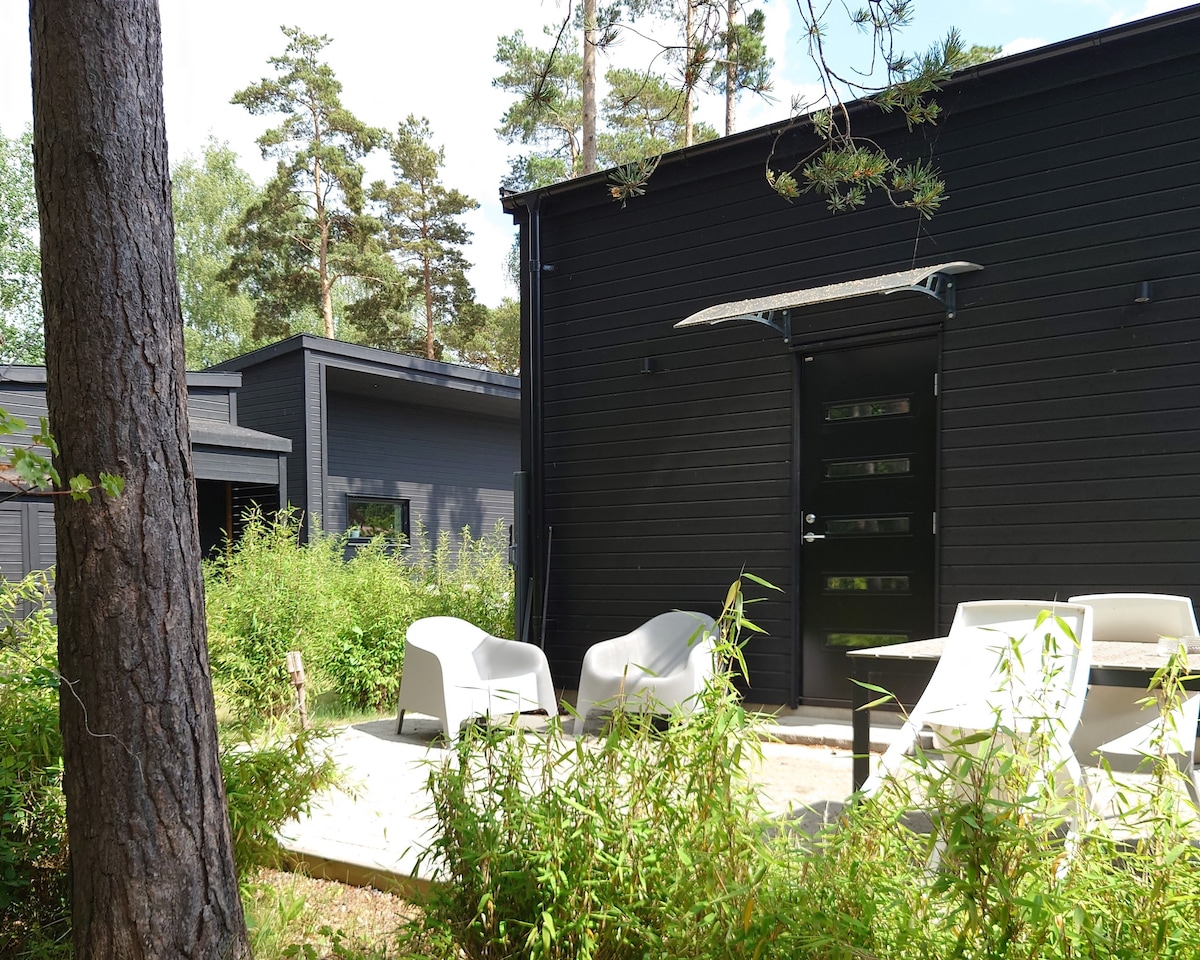 A modern black wooden cottage is presented, accented by a stone-paved outdoor patio. Two white outdoor chairs are positioned near the entrance, surrounded by lush greenery, including bamboo. Tall trees provide a natural backdrop, enhancing the serene outdoor setting.