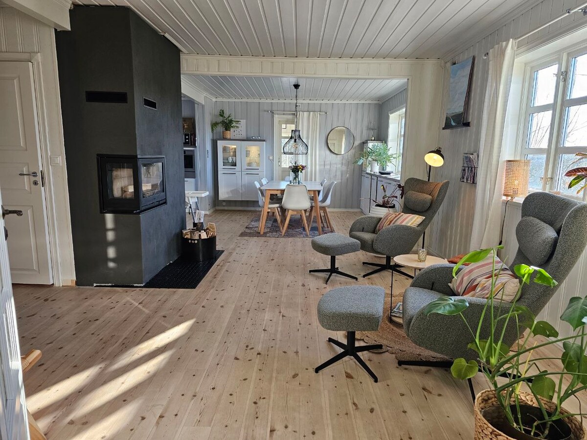 A spacious living area features light wood flooring and a cozy fireplace. Modern seating options include two gray armchairs and a set dining table for six. Bright natural light enters through multiple windows, illuminating the soft interior decor and green plants.