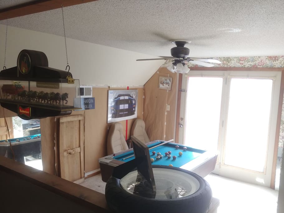 the extra room upstairs with the bumper pool table and mini fridge