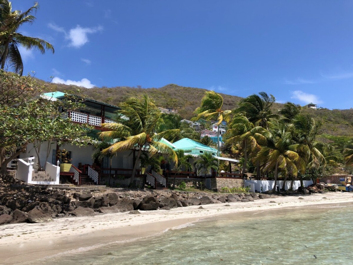 A beachfront view captures the cottage nestled among palm trees, with a vibrant green roof. The sandy shore gently meets the clear water, while rocky formations are visible along the beach. A hillside can be seen in the background, enhancing the tropical setting.