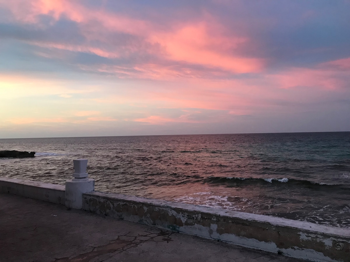 A serene coastal view captures the horizon where the ocean meets the sky, painted in shades of pink and purple during sunset. Gentle waves can be seen lapping against the shore, while a weathered stone railing frames the scene, adding a sense of place.