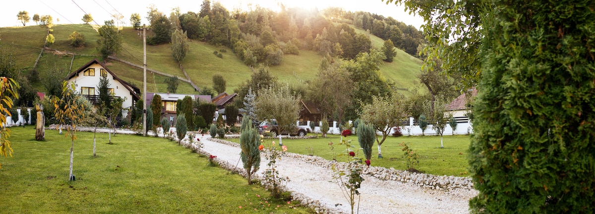 A well-maintained garden with a gravel path leads through lush green grass, bordered by flowering shrubs and trees. Charming houses are nestled among the hills in the background, illuminated by the warm glow of the setting sun, creating a serene atmosphere.