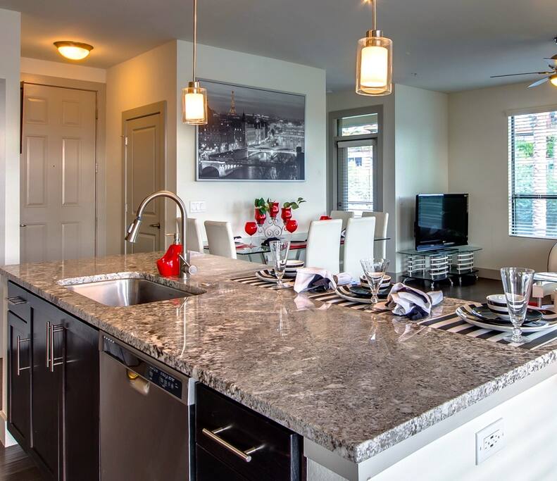 The living spaces are open plan, spacious and sunny with lots of natural light