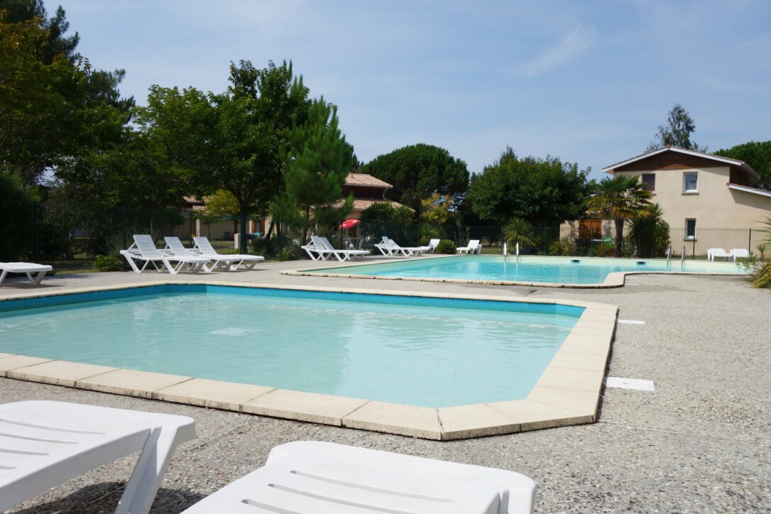 A peaceful outdoor area features a large pool alongside a smaller pool, both surrounded by lounge chairs. Lush greenery and trees provide shade, enhancing the relaxing environment. Clear water invites a refreshing swim in the pools, which are situated in a well-maintained space.