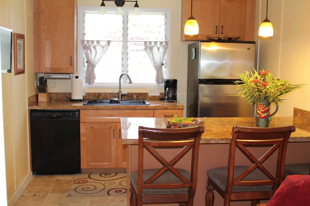 A fully stocked kitchenette.