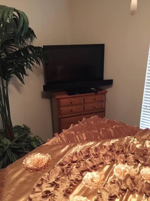 Free unlimited use of flat screen TV, with Sound bar, Blu Ray player, Netflix and Amazon Prime.