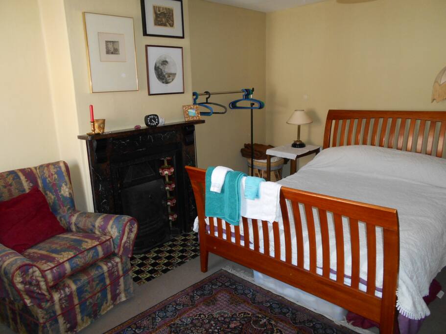 Bed and fireplace