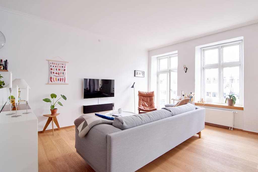 Sofa area with TV, AppleTV (including Netflix) and Google Chromecast