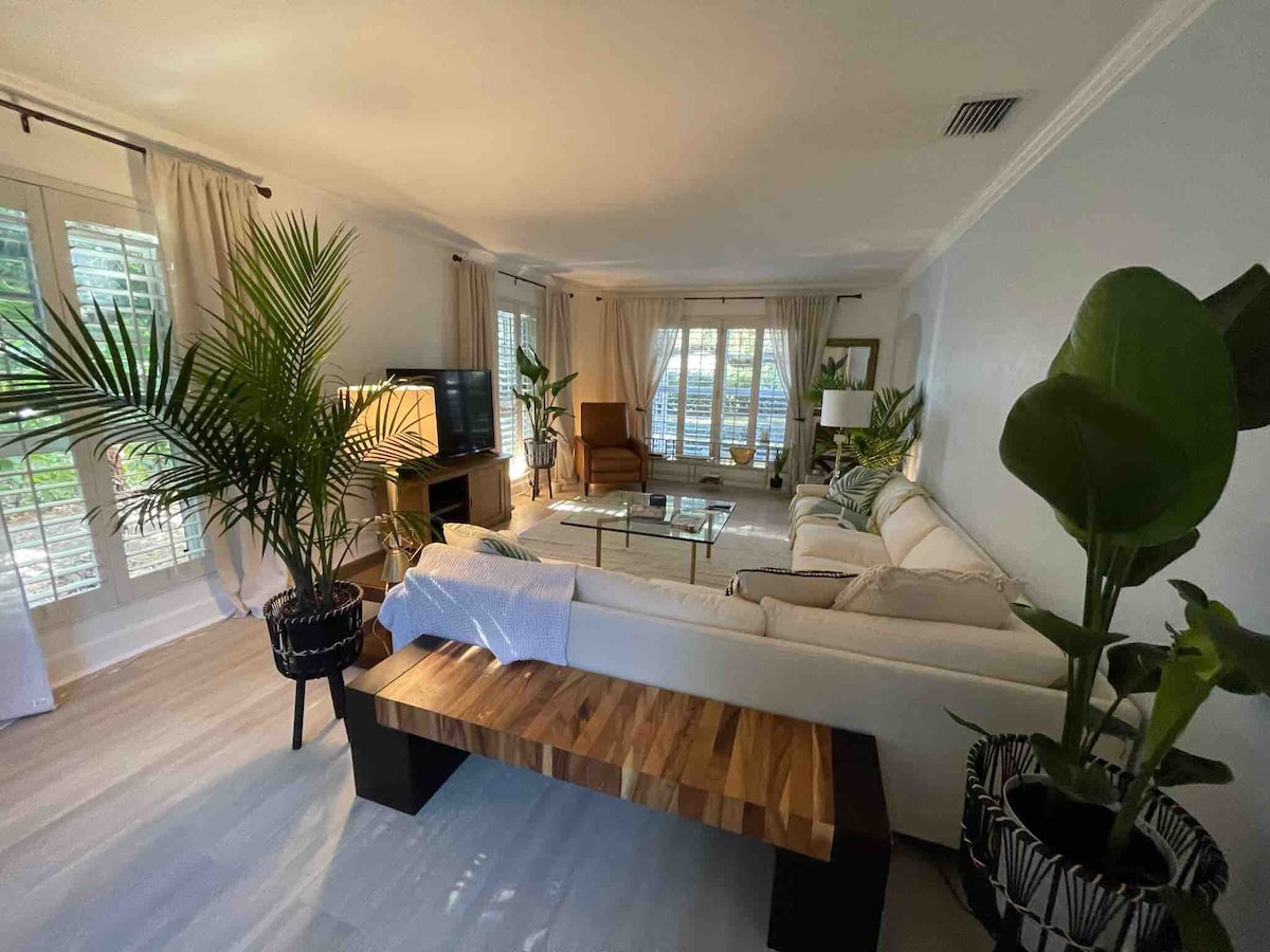 A bright living room is presented, featuring a light-colored sofa paired with a wooden bench. Indoor plants add greenery to the space, while large windows provide natural light. A side chair and various textures create a welcoming atmosphere, complemented by soft drapes.