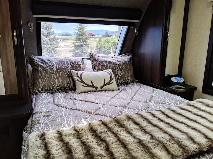 Queen size bedroom with walk-in closet, large window, separate entrance and privacy shades.