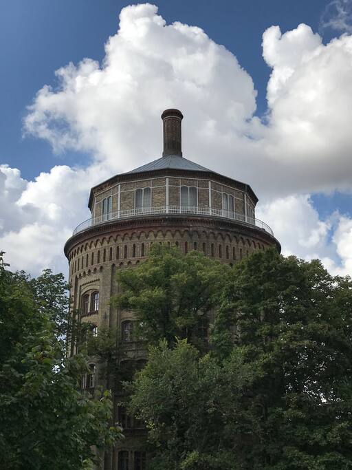 The historic water tower across from the house as seen from the bed.