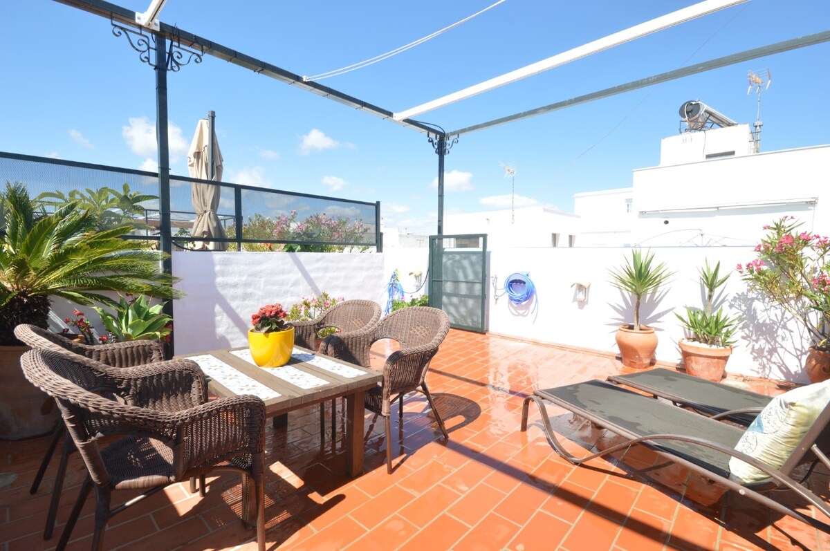 A private rooftop terrace features a table surrounded by wicker chairs and lounge chairs for relaxation. Potted plants are placed strategically along the perimeter, offering greenery against the white walls. The terracotta tiled floor reflects sunlight, creating a bright and inviting outdoor area.