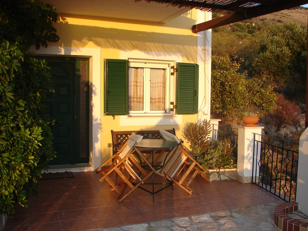 An outdoor seating area is visible, featuring a round table surrounded by four foldable chairs. The yellow facade of the house with green shutters provides a warm backdrop. Potted plants and greenery create a pleasant outdoor atmosphere, enhancing the inviting setting.