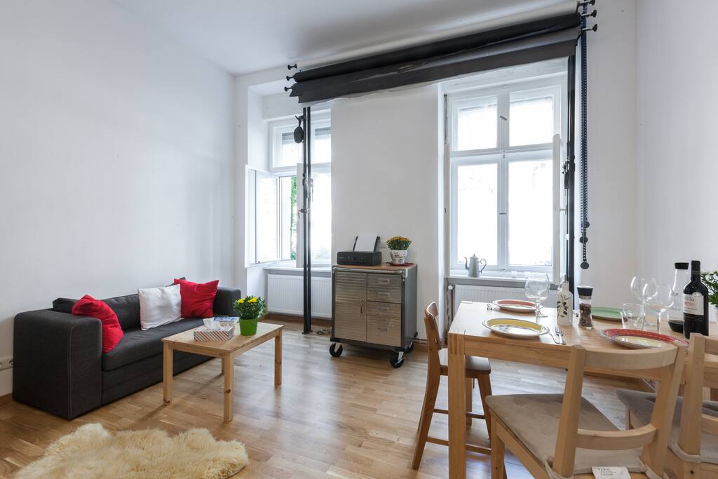 Studio, livingroom including a sleeping sofa, fully equipped kitchen