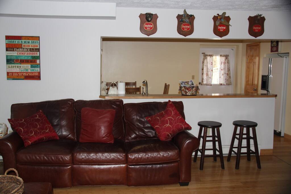 Living Room. Two beautiful, incredibly comfortable leather couches. Kitchen bar behind. Guest private entrance door alongside parking area.